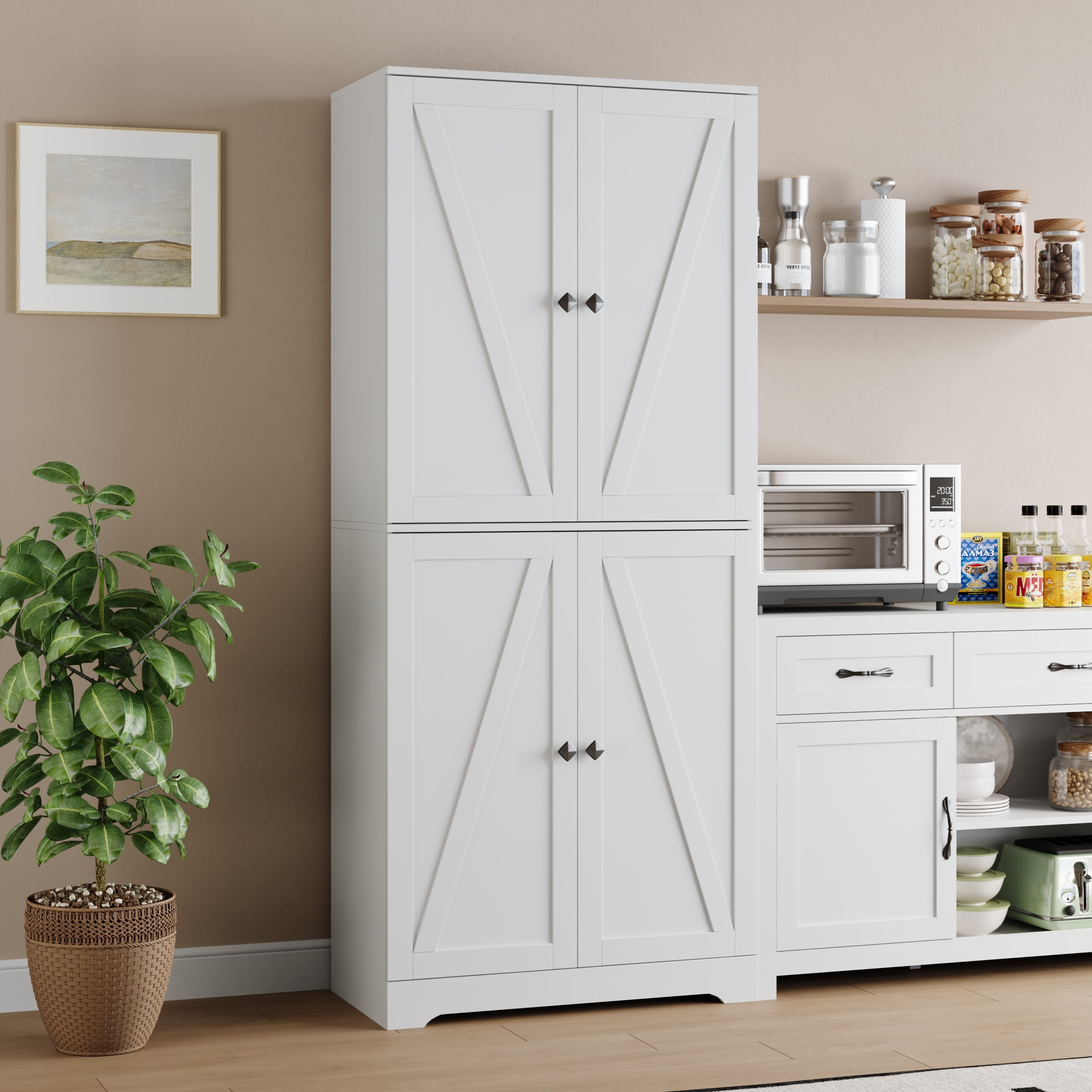 YouTrend 72'' Farmhouse Kitchen Pantry Cabinet with 4 Barn Doors,Storage Cabinet W/ 4 Shelves for Living Room,Kitchen,Bathroom,Office,White