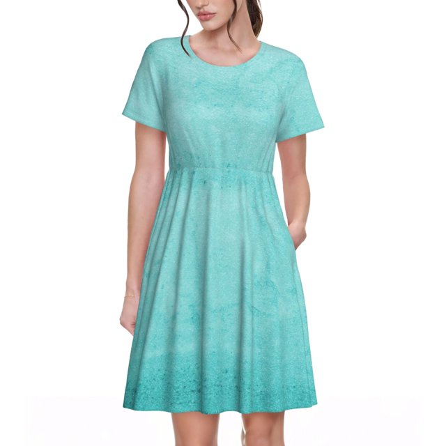 Easygdp Blue And Turquoise para Vestido Transpirable de Mujer, Vestido Suelto de Manga Corta con Pliegues y Bolsillos para el Verano