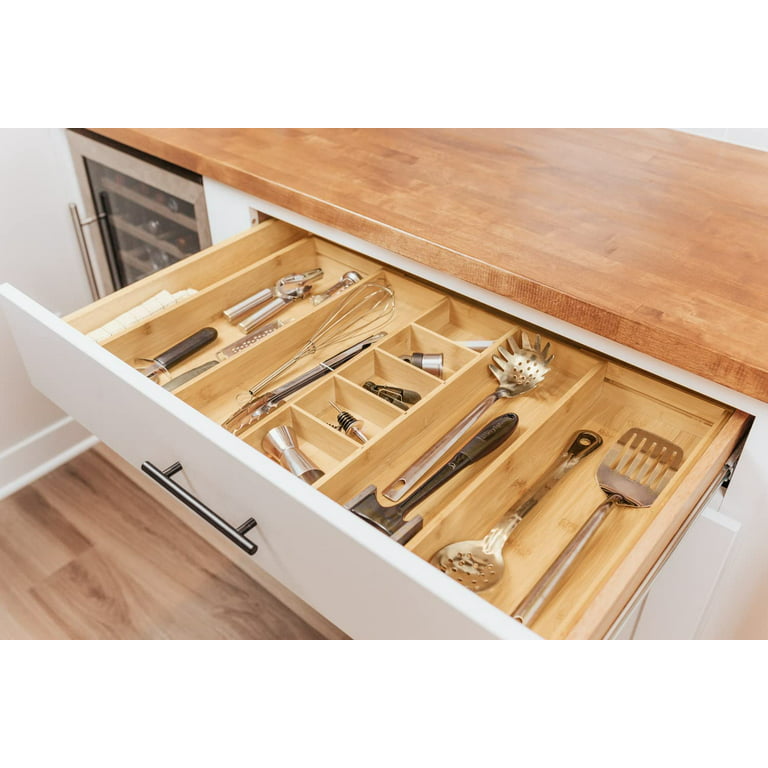 KitchenEdge Bamboo Kitchen Drawer Organizer for Silverware and Utensils, Expandable to 28 Inches