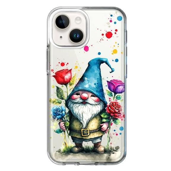 MUNDAZE Case for Apple iPhone 15 Hybrid Shockproof Slim Hard Soft TPU Shell Heavy Duty Protective Phone Cover - Gnome Red Purple Blue Roses Garden