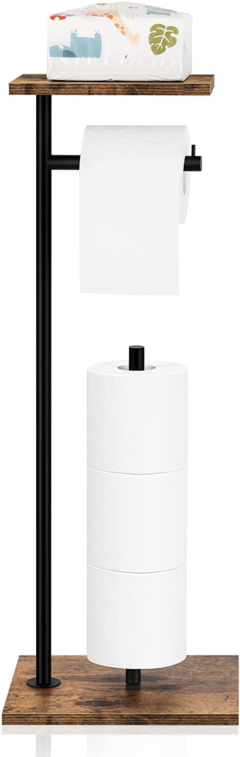 Freestanding Black Toilet Paper Holder Stand with Wood Base and Shelf ...