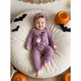 thumbnail image 6 of RUINIXCW Newborn Baby Girl My First Halloween Outfit Infant Baby Fall Winter Clothes Ribbed Romper Pumpkin Ghost Letter Print Long Sleeve Jumpsuit Headband Set, 6 of 9