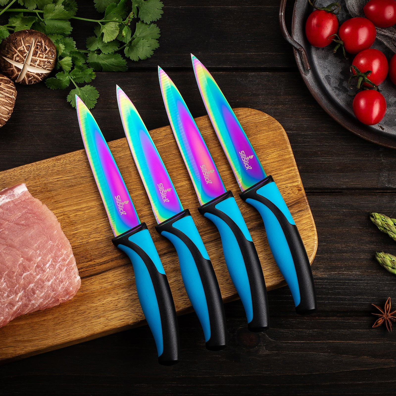 SiliSlick Stainless Steel Steak Knife Set - Titanium Coated Colorful Kitchen Knives with Straight Edge, Smooth & Sharp - Rainbow Iridescent Kitchen