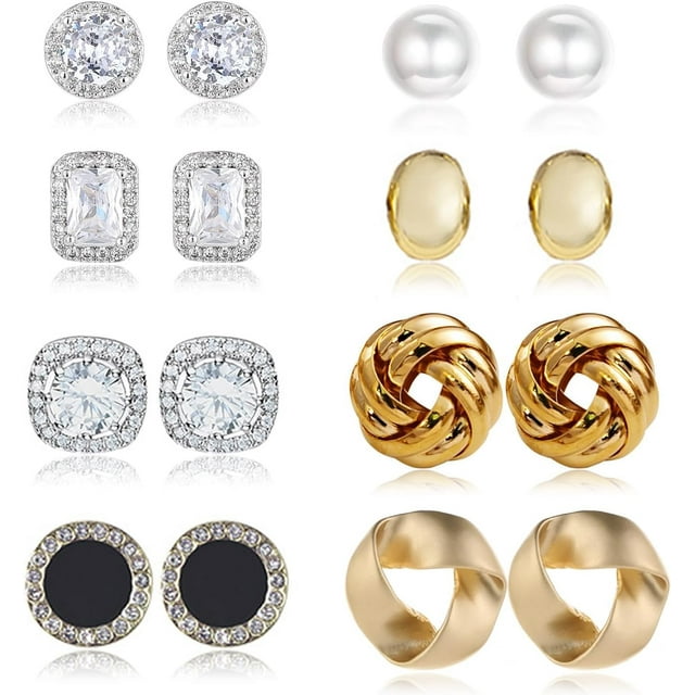 Juego de 8 pares de aretes de tuerca para mujer, circonita cúbica, aretes de tuerca con nudo dor, perlas sintéticas, arete simples para mujer, Circonita cúbica Acero inoxidable, cristal