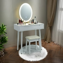 Costway Vanity Makeup Table Touch Screen 3 Lighting Modes Dressing Table Stool Set White