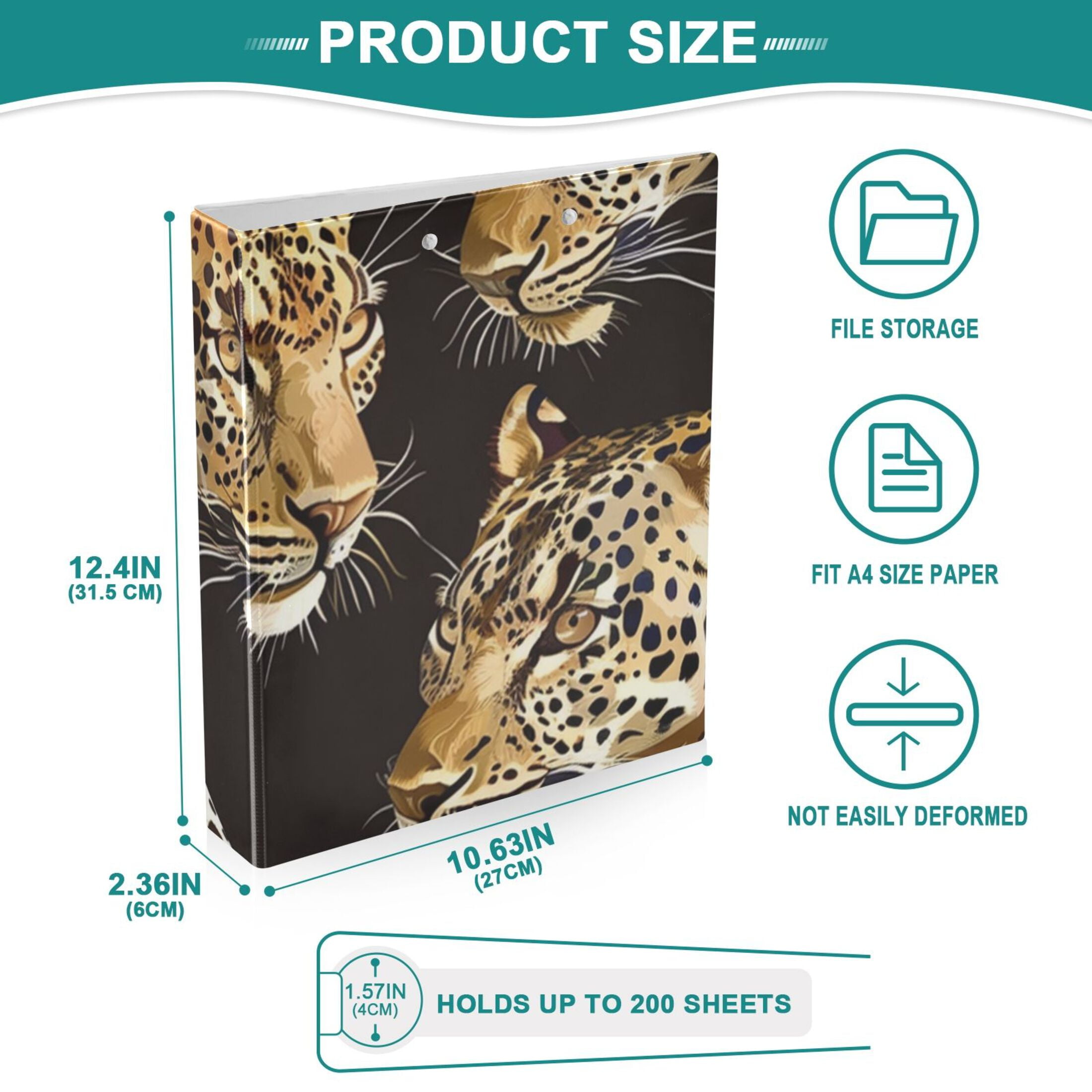 Leopards 3 Ring Binders 1.5 inch Hardcover File Folders with Interior Pockets A4 Size Organizer for School Office Hospital
