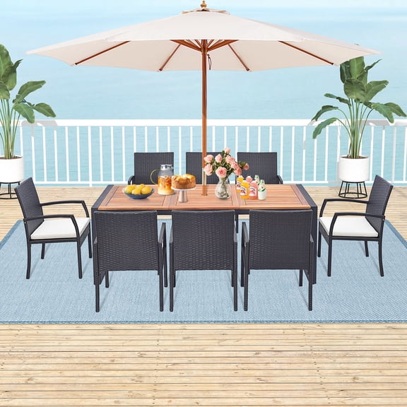 Costway 9 Pieces  Patio Rattan Dining Set with Acacia Wood Table, 1.9" Umbrella Hole