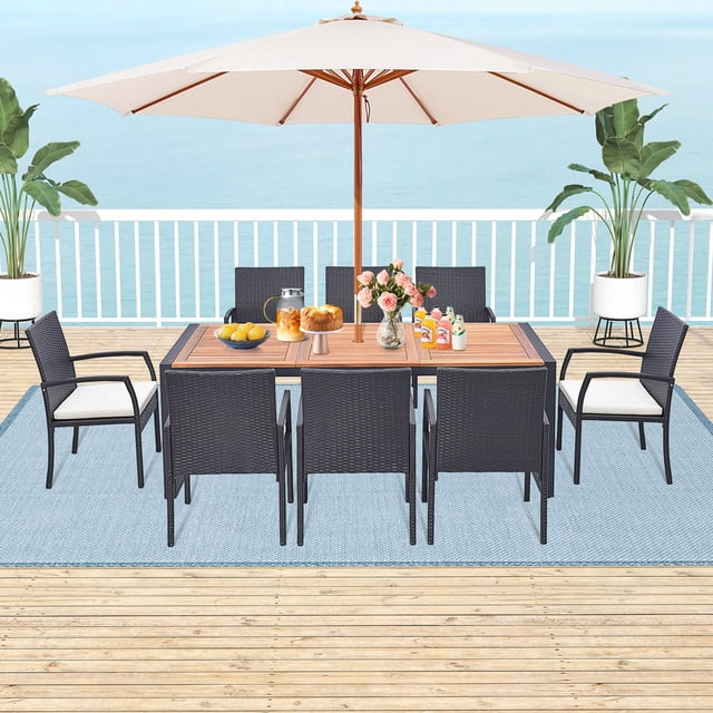 Costway 9 Pieces Patio Rattan Dining Set with Acacia Wood Table, 1.9" Umbrella Hole