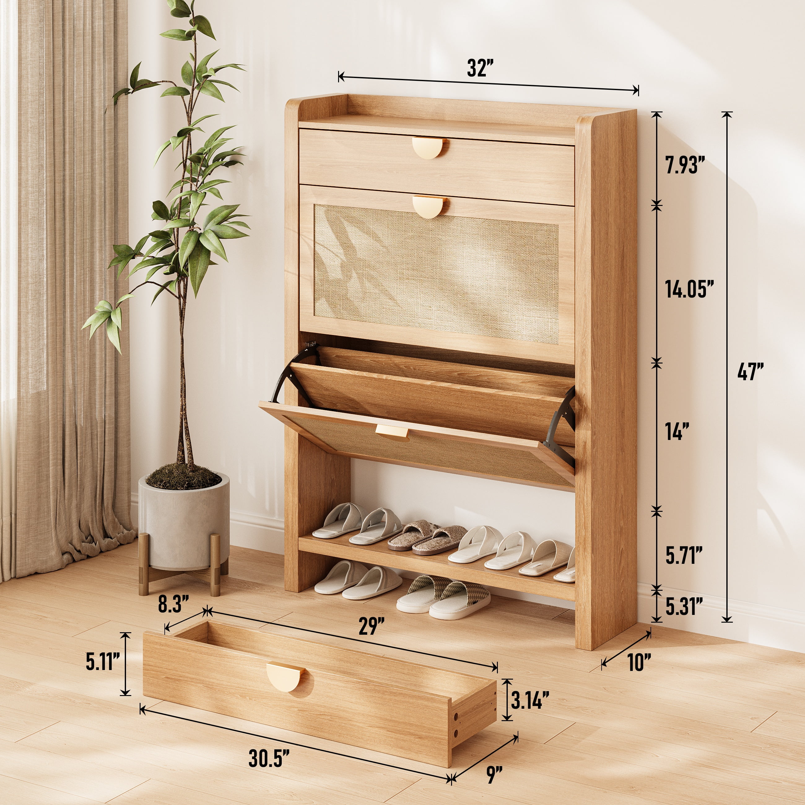 Shoe Cabinet with 2 Flip Drawers, Entryway Storage Organizer, Hidden Shoe Rack Narrow Freestanding Design Natural Oak