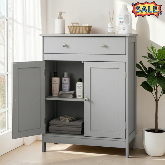 Tcbosik Small Storage Cabinet, 2-Door Bathroom Cabinet with Drawer and Adjustable Shelf for Kitchen, Living Room, 23.63"L x 11.82 "W x 31.5 "H, Gray