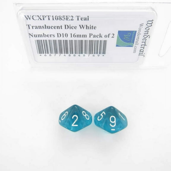 Teal Translucent Dice with White Numbers D10 Aprox 16mm (5/8in) Pack of 2 Wondertrail