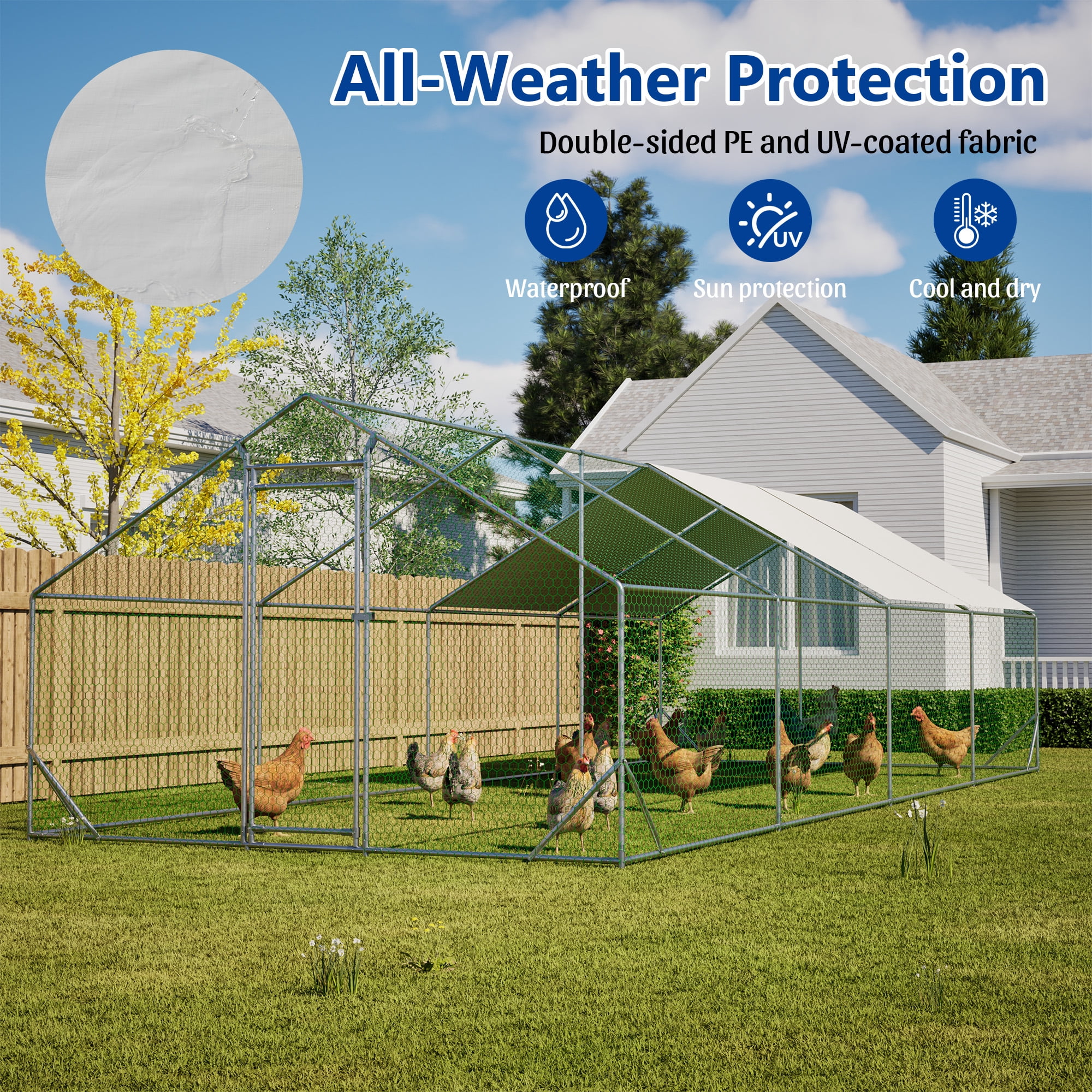 MAYEERTY 10'x26'x6.56' Metal Chicken Coop, Walk-in Poultry Pen w/UV-Proof Cover Lockable Door for Backyard