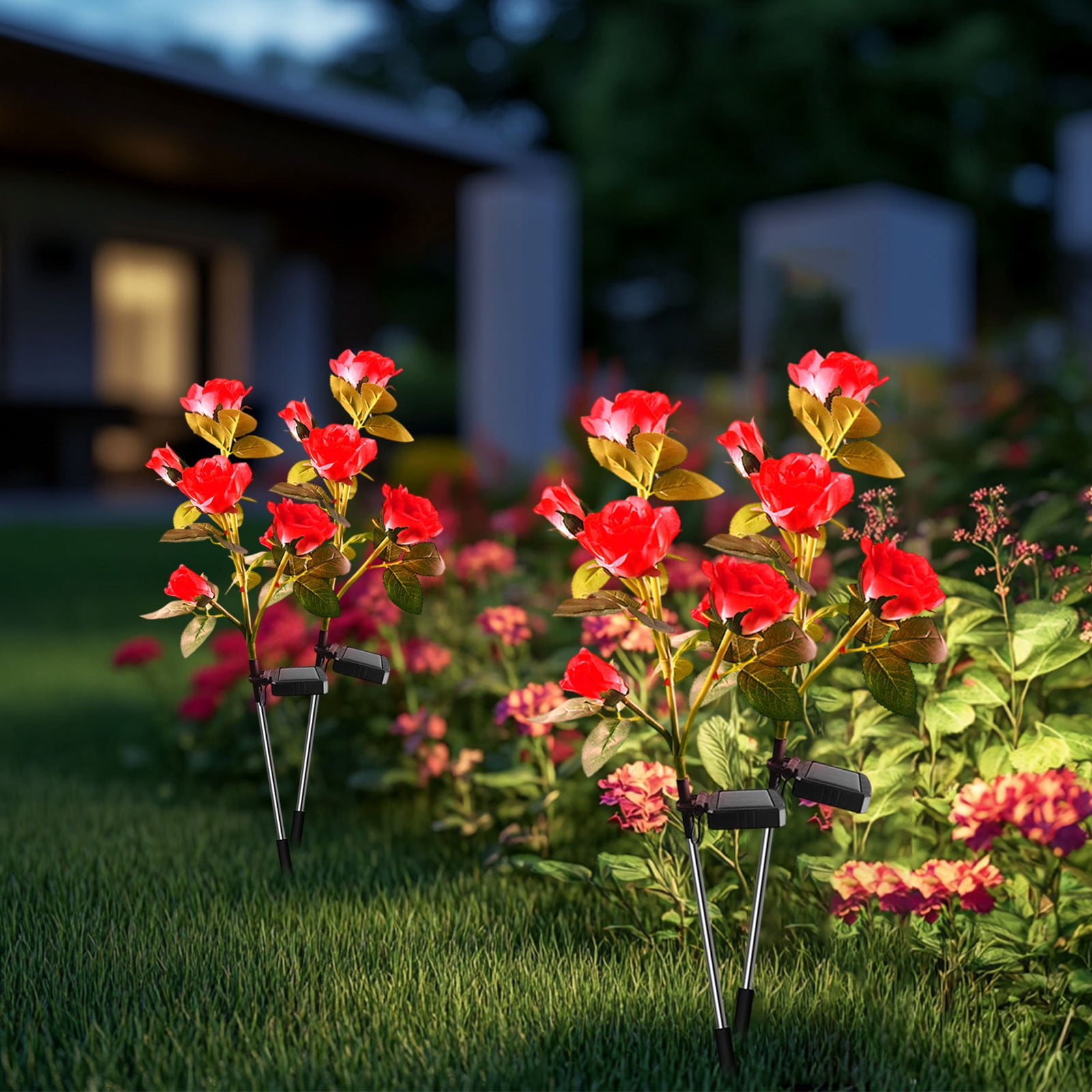 Uiz Merueh Solar Garden Lights, Solar Outdoor Lights with More Realistic 10 Rose Waterproof Solar Powered Flowers for Outside Patio Yard Pathway Decorations, 2 Pack