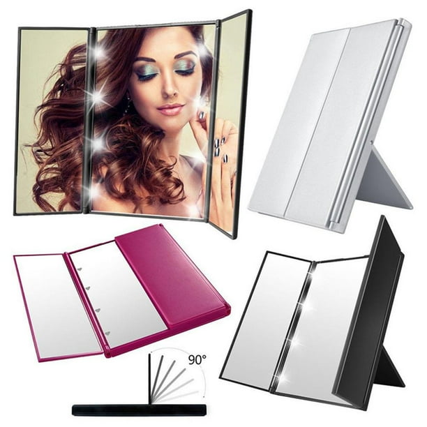 Espejo De Maquillaje Triple LED Espejo De Tocador De Mesa Iluminado Con Tres Pliegues De 360 grados Con Luces Espejos Cosméticos Iluminados Con Brillo Ajustable