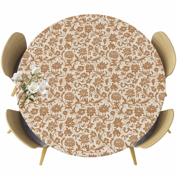 Brown Floral Round Tablecloth, Fitted Table Cover with Elastic for 36"-44" Round Tables, Vintage Rustic Flowers Botanical Spring Table Cloth Outdoor Indoor Dinning Party Waterproof Tablecloths