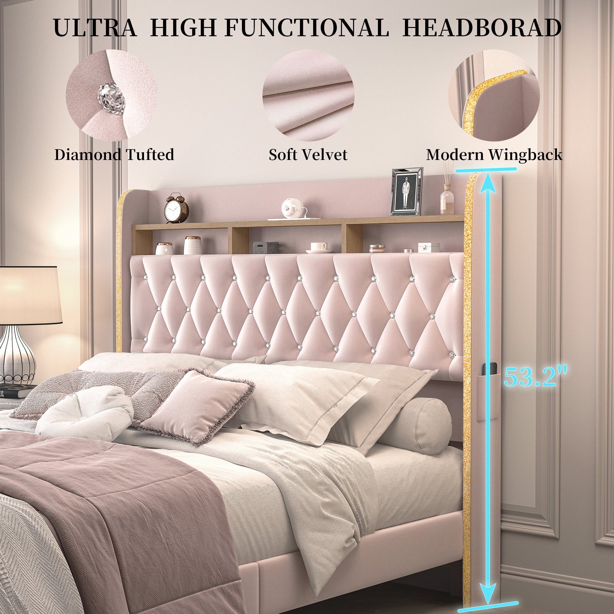 SIBEDS LED Bed Frame with 2 Storage Drawers and Galaxy Star Projector Velvet Upholstered Pink Tufted Wingback Headboard, Full