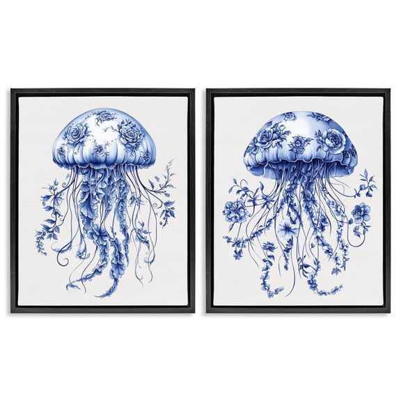 Funky Florals Toile Jellyfish 2 Piece Black Framed Floater Canvas Set, design by Lettered and Lined