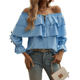 thumbnail image 3 of Women'S Off Shoulder Ruffle Trendy Summer Fashion Long Sleeve Blouse Sexy- Dressy Casual Layered Tops Light Blue L, 3 of 7