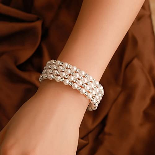 Vintage Pearl Bracelet 4 Row Pearl Rhinestone Bangle Bracelet