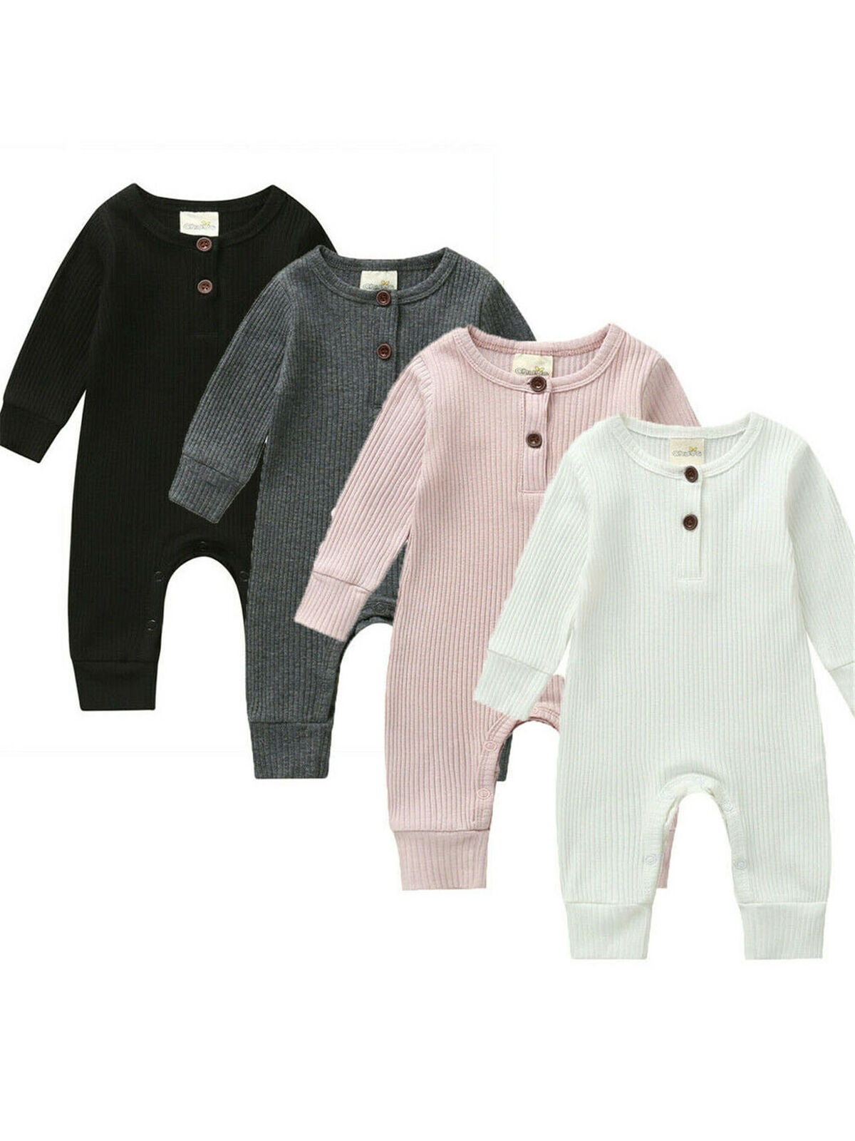 Newborn Baby Girl Boy Plain Long Sleeve Ribbed Romper Jumpsuit Pajamas with Pants Warm Fall Winter Clothes Outfits 