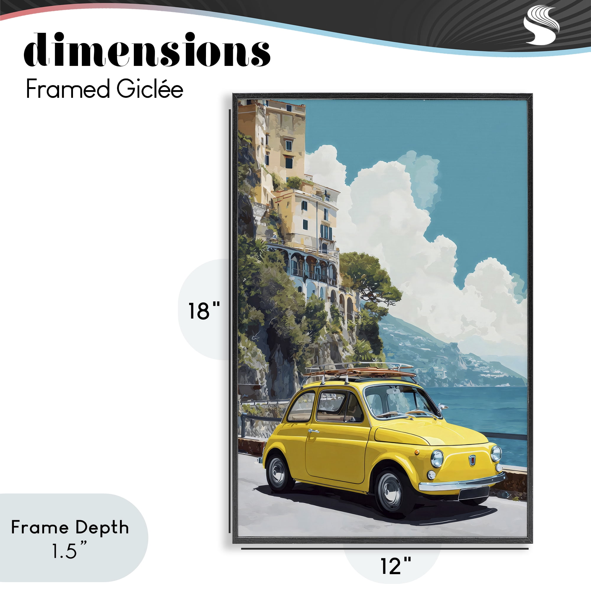 Stupell Industries Yellow Car on Coast Black Framed Giclee Art, design by Petal Prints Design