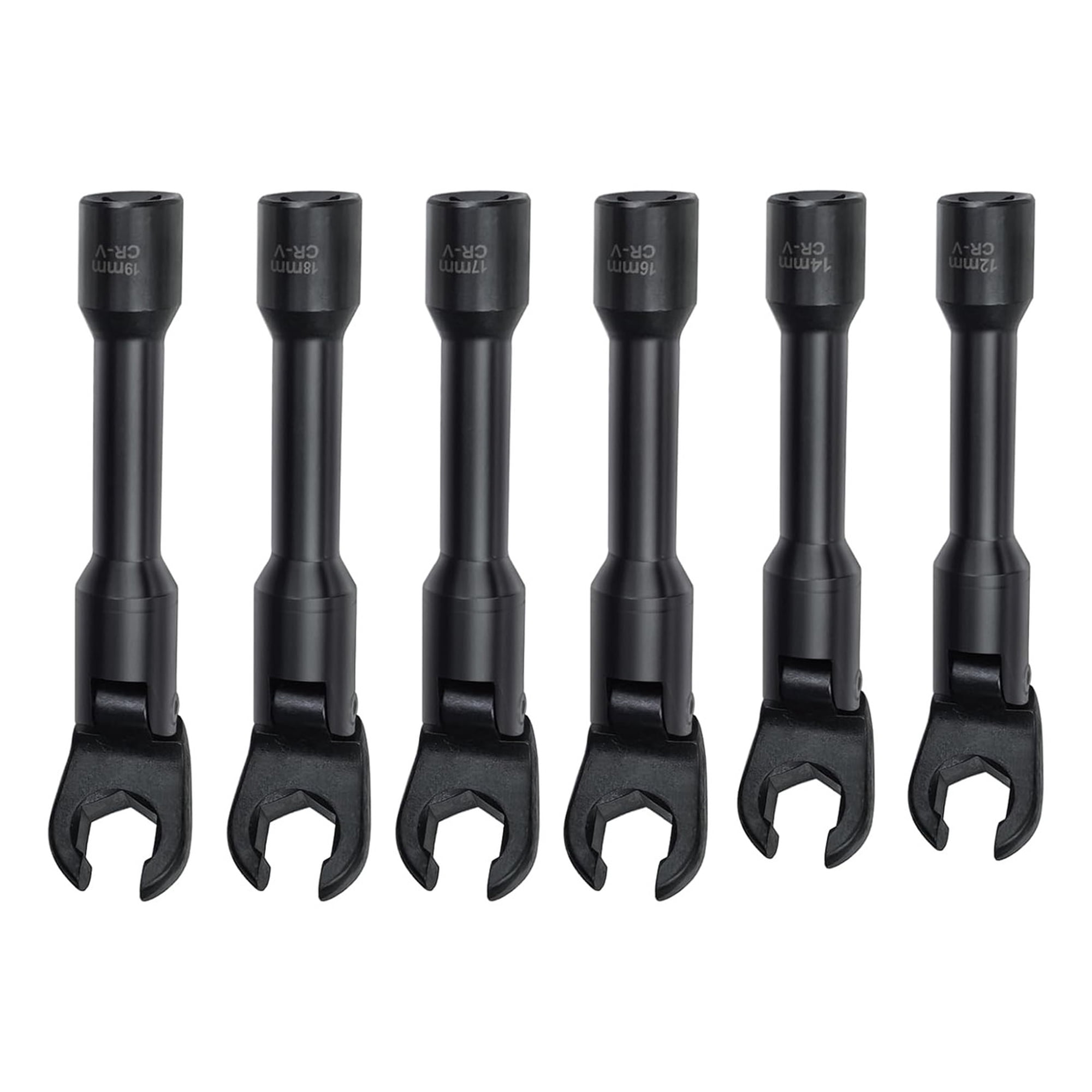 6 Piece Long Curved Head Line Wrench Set, 3/8 Inch Drive Syringe Fuel Line Fishtail Trumpet Socket Wrench Metric 12/14/16/17/18/19 mm