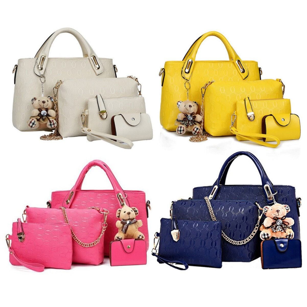‌4-Piece Women's Handbag Set - Leather Messenger, Tote & Purse (Rose Red)‌