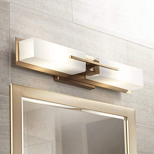 Midtown Applique Murale Industrielle Moderne en Laiton Doré Filaire 23 1/2 Pouces Grand Luminaire 2 Lumières Monté Abat-Jour en Verre Blanc Miroir de Salle de Bain Maison - Possini Euro Design