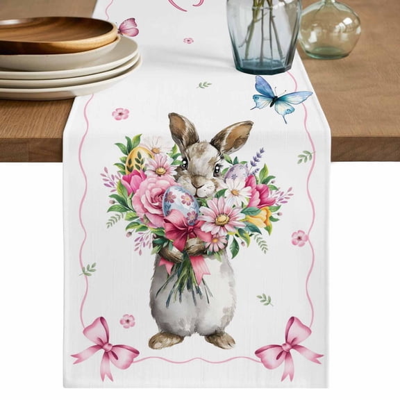 Easter Bunny Table Runner 36 Inches, Cute Rabbits Spring Daisy Flowers Butterfly Bed Runner Dresser Scarves Tabletop for Indoor Outdoor Parties/Ceremony/Banquet, 13"x 36"