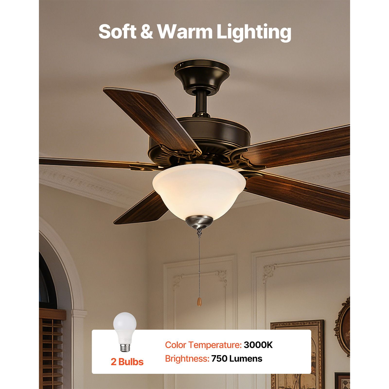 Ceiling Fan Light Kit 11.81 Inch 2x3000K 750lm Bulbs Alabaster Glass Alloy Steel Pull-Chain for Living Room Bedroom