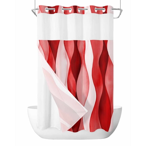 No Hook Shower Curtain with Snap-in Liner, Red Striped Waterproof Fabric Bathroom Curtains, Modern Gradient Geometric Ripple Stripes Bath Curtains & Mesh Top Window Stand Up Stall Narrow 36"x78"