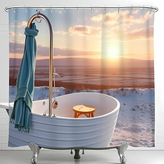 Serene Outdoor Bathtub Shower Curtain - Vintage Clawfoot Tub with Sunset Landscape & Teal Bathrobe Design