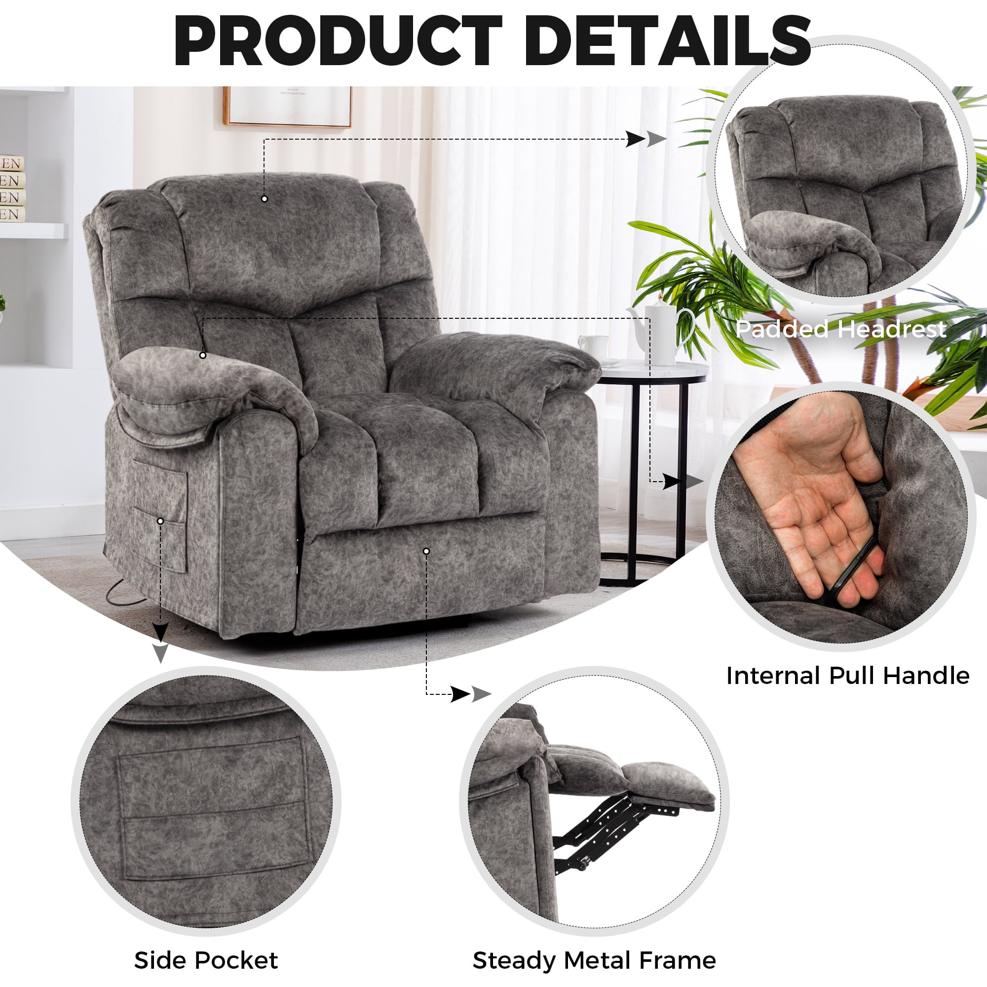 Swivel Rocker Recliner, Legahome 360° Glider Rocking Nursery Recliners, Manual Recliner Chair with Massage and Heat, Home Theater Recliner with Cup Holder, 24.4in Wide Seat, Gray
