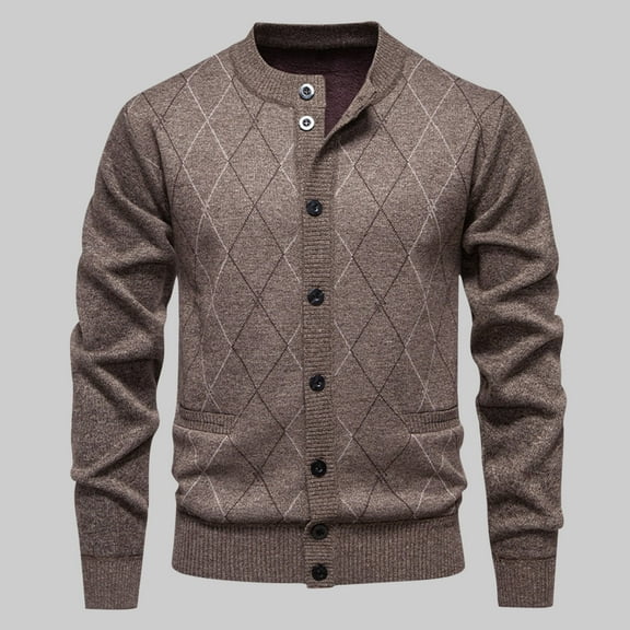 NTACZA Brown Mens Sweaters Button Down Argyle Fleece Lined Sweater Cardigan Knit Pocket Outerwear Mens Jumper L