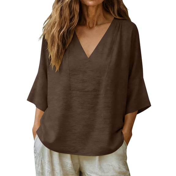 Admvng Woman's Tops V Neck Solid 3/4 Sleeve Casual Plus Cotton Linen Summer Basic Nice Loose Tee Shirts Size S-3XL