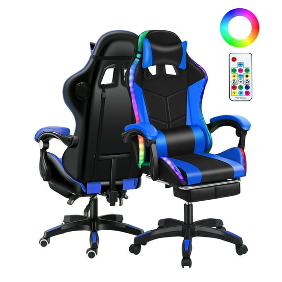 Aqzb Gaming Chair with Footrest Bluetooth Speakers LED Lights Video Game Chair Heavy Duty Ergonomic Massage Computer Office Chair Black Blue