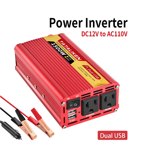 1500W Modified Sine Wave Inverter, 12V DC to 110V/120V AC Power Inverter with 2 AC Power Outlets and Dual USB Ports