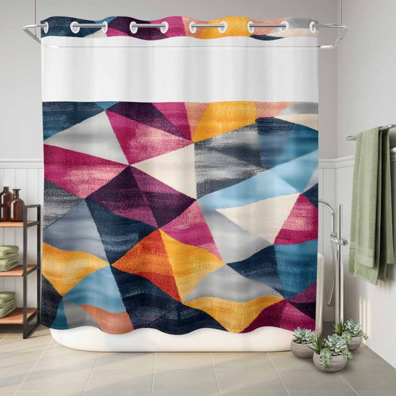 No Hook Shower Curtain Abstract Pink Blue Painting Waterproof Fabric Shower Curtain Modern Geometric Hotel Style Bathroom Curtain with See Through Top Window Machine Washable 72x72in