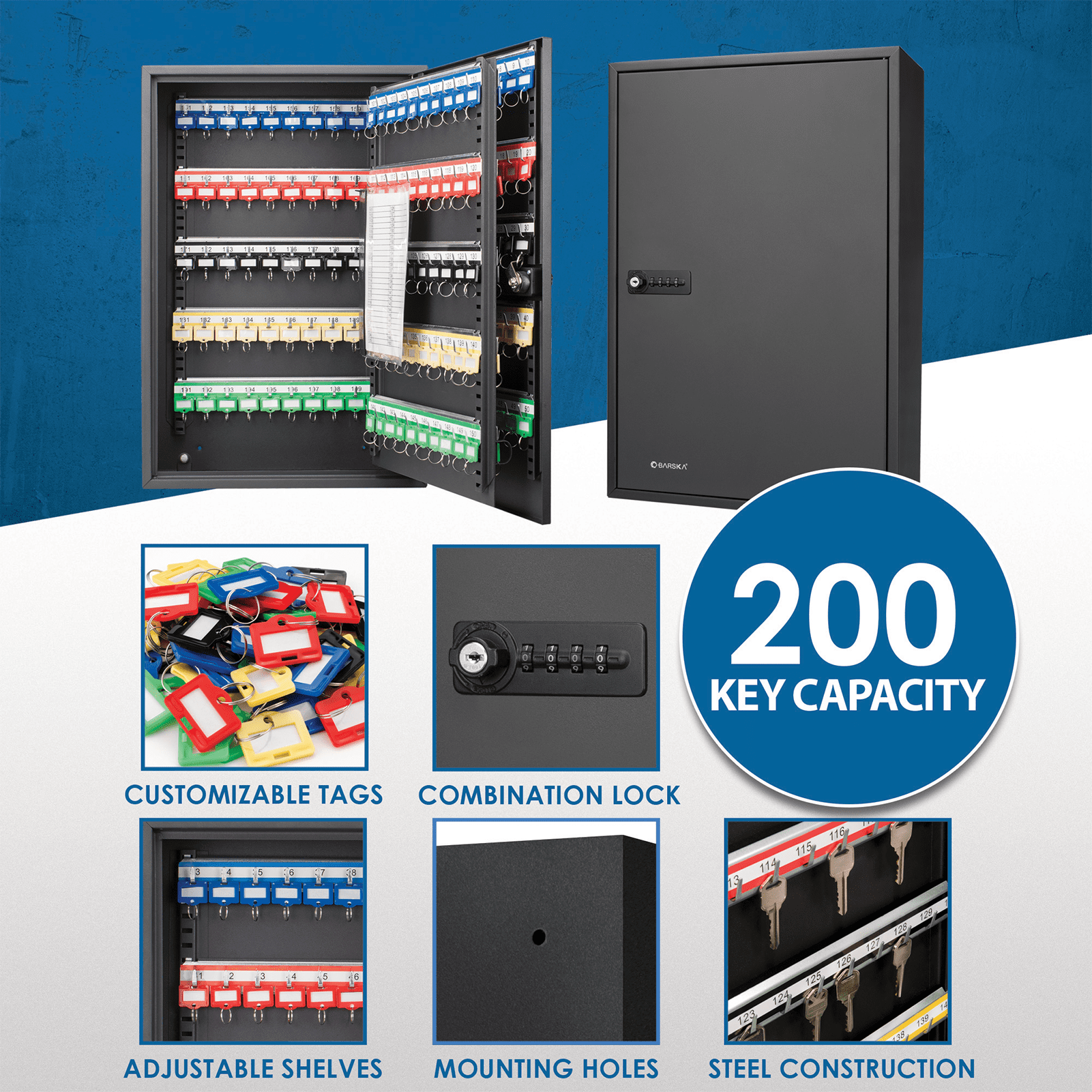 Vacmaster 200 Key cabinet lock box – Solid Steel Key Cabinet Wall-Mount Organizer with Combination Lock ,Key Organizer Key Safe for Home Office Garage Rental Business,with Numbered Hooks, Color Tags