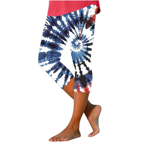 qelini Capri Leggings for Women Plus Size 4th of July Capris Pants Elastic Waist Print Ankle Pants Daily Wear