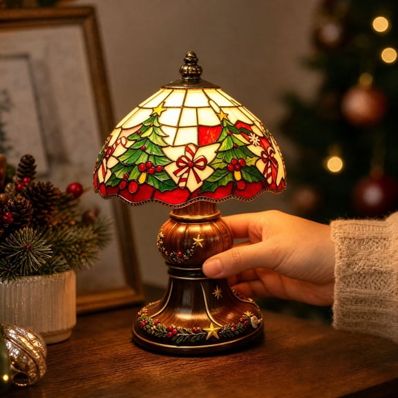 Stained Glass Lamp with Candy Cane Christmas Decorations,Cozy Christmas Table Decor for Home,Festive Nightstand Lamp with Star Accents,1 Pack