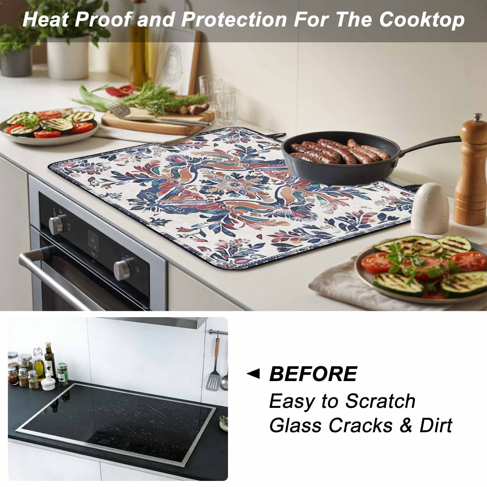 Boho Navy Blue Stove Top Cover for Electric Stove, Heat-proof & Non Slip Glass Top Stove Cover Protector, Vintage Southwestern Geometric Art Kitchen Flat Cooktop Rubber Mat 24x21 Inches