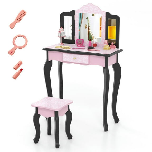 Kadyn Toddler Vanity Set, Kids Vanity Set, Makeup Dressing Table Set,2 in 1 Princess Dressing Table Writing Desk with Cute Leopard Print 3 Makeup Accessories-Pink