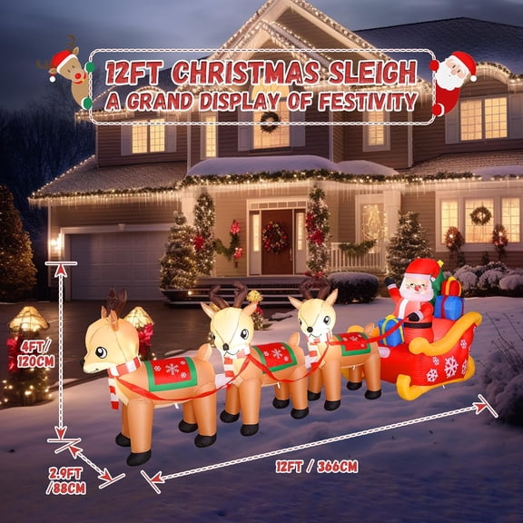 12FT Christmas Inflatable Santa Sleigh and Reindeer Outdoor Decoration - Built-in LEDs Santa Claus Deer Sled Christmas Blow Up Yard Decorations for Outside Garden Lawn Xmas Party