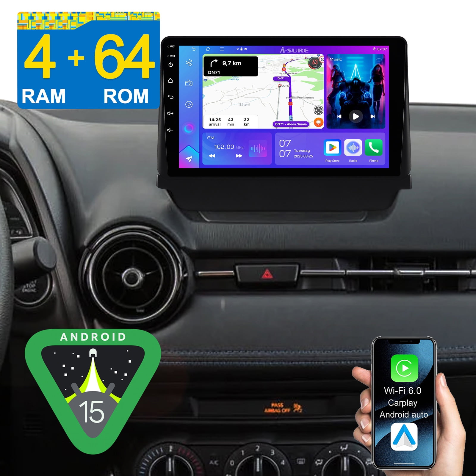 Asure 9" Android 15 Stereo 4+64GB Car Radio for MAZDA 2 Demio (2014-2023) Toyota Yaris iA (2017-2018) with Apple CarPlay/GPS Nav/Wi-Fi/BT 5.4/1280x800