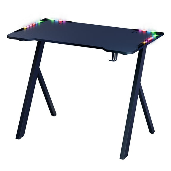 39" Gaming Desk with LED Lights & Carbon Fiber Surface, X-Shaped Legs, 200lbs Load, Spacious Computer Desk for PC Gamer, Home Office, Easy Assembly