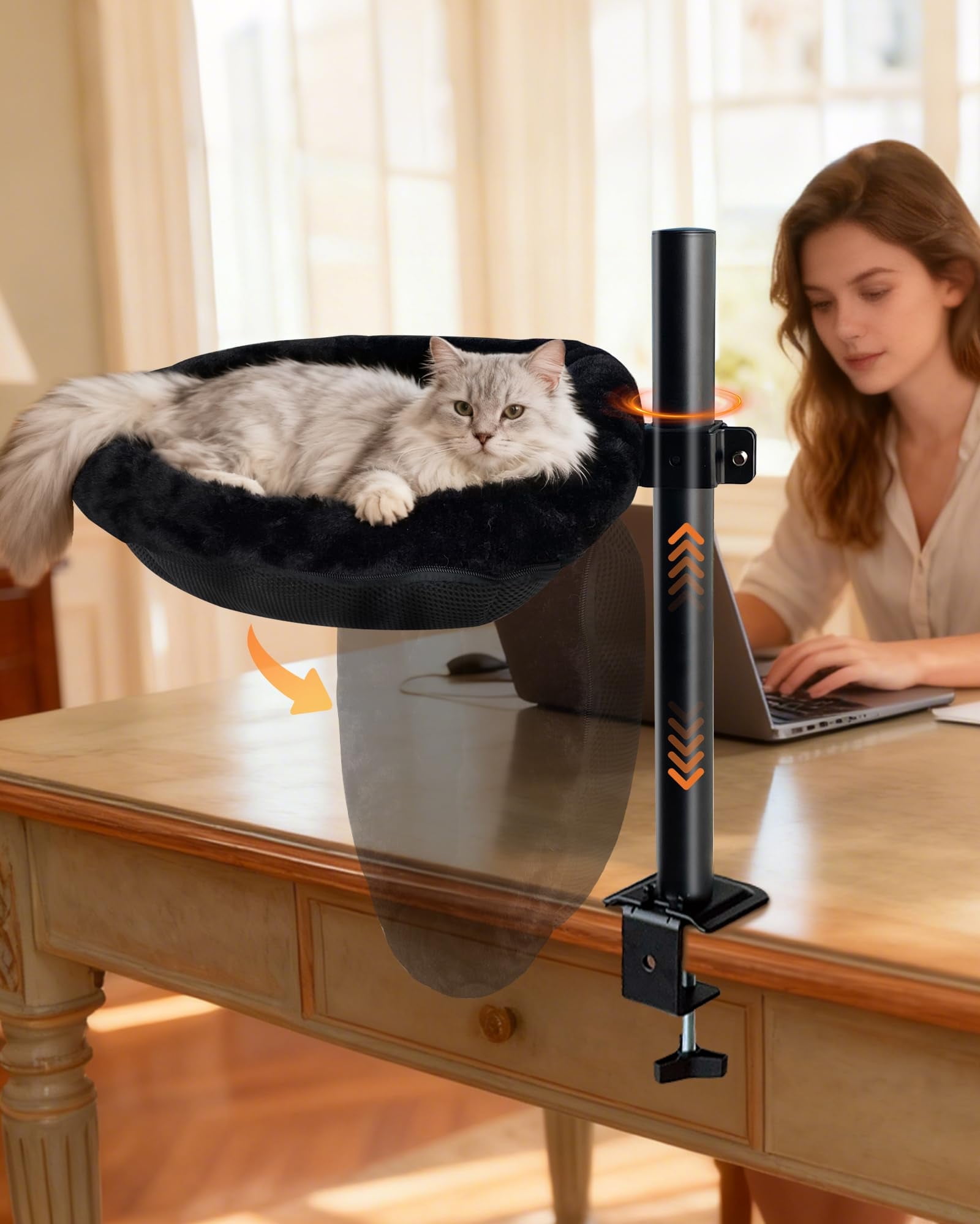 L&W BROS. Space-Saving Up & Down Foldable Cat Desk Hammock - Semi-Circle, 55lb Capacity for Large Cats, 360° Swivel, Machine Washable Plush Fleece Cover for Gaming Desks