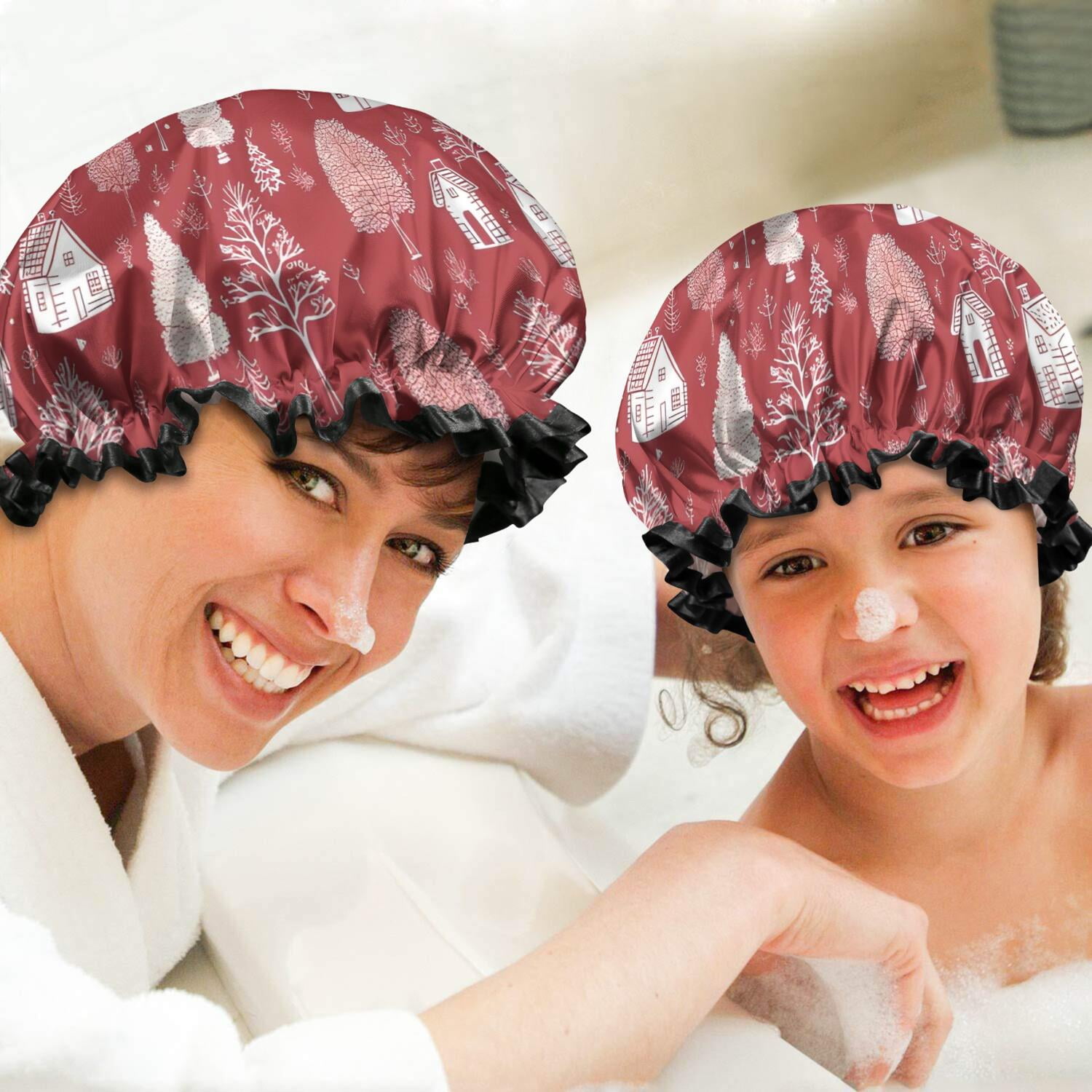 Shower Caps,Red Christmas Village Pattern Waterproof Shower Cap for Women 4 Pieces,Double Reusable Hair Cover for Shower PEVA Elastic Stretch Hem