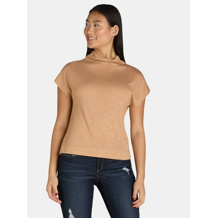 Time and Tru Women's Mock Neck Hacci Knit Tee, Sizes XS-XXXL