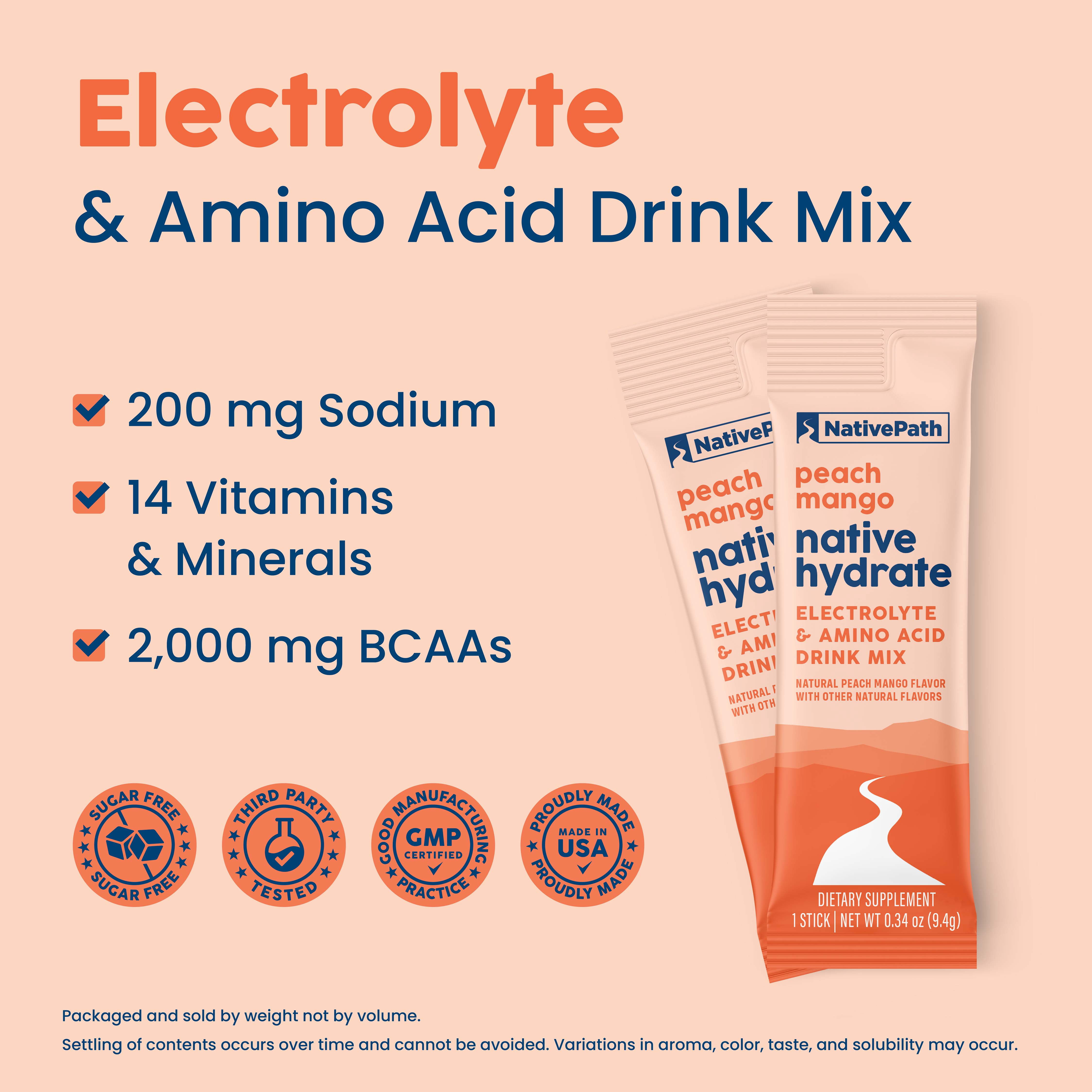 NativePath Hydrate Electrolyte Stick Packs, Peach Mango, Zero Sugar with BCAAs, 30 Count